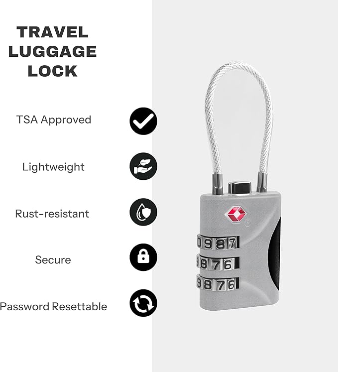 Travel Luggage Locks TSA Approved, Small Combination Padlock with Cable, Combo TSA Lock for Suitcase, Locker & Gym, Cabinet, Bag Zipper, Lock with Code for Travel Accessories (Silver)