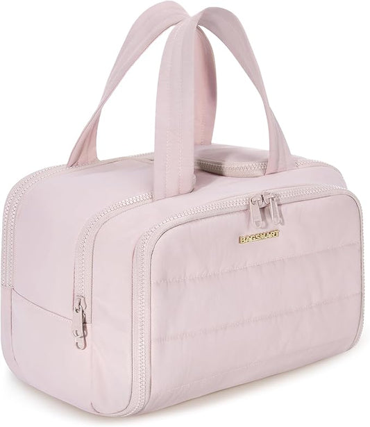BAGSMART Travel Toiletry Bag, Crush Toiletry Bag for Women, Wide-open Puffy Toiletry Bags for Traveling, Large Travel Cosmetic Makeup Bag Organizer for Accessories,Toiletrie, Pink