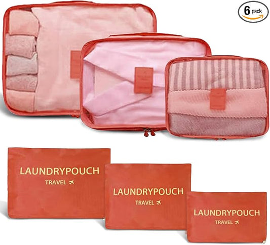 6 Set Packing Cubes for Travel Luggage Packing Bags Reusable Waterproof Suitcase Organizer Bags Set with Shoe Bag and Toiletry Bag (Orange)
