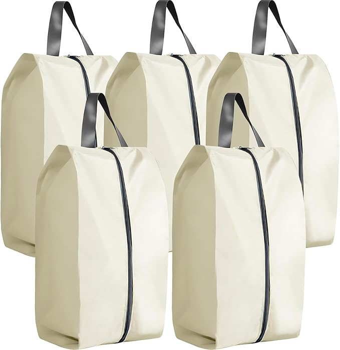5Pcs XL Travel Shoe Bags Portable Travel Gifts Shoe Organizer with Zipper Closure, Waterproof Nylon Shoe Storage Organizer with Handle Travel Bags For Men and Women, Beige