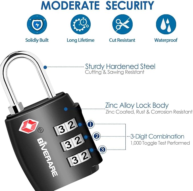2 Pack TSA Approved Travel Luggage Locks, Combination Lock Alloy Body, Metal Keyless 3-Digit Padlocks, TSA Accepted Compatible Padlock for Gym Locker, Golf Bag Case, Backpack, Black-by GIVERARE
