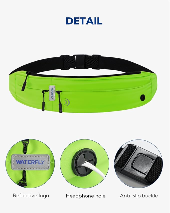 WATERFLY Running Belt Fanny Pack: Runner Marathon Jogging Waist Pack Sport Workout Exercise Fitness Phone Holder Belt for Men Women Jogger Slim Waistband Black