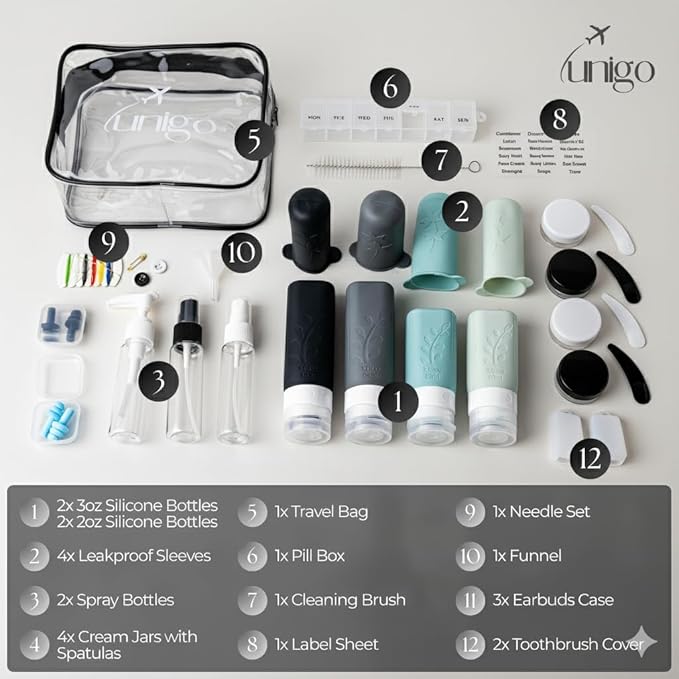 unigo 30 PACK Travel Bottles Set for Toiletries - Leakproof Refillable Travel Size Containers, TSA Approved Bottles with Labels, Brush & Covers for Carry-On Travel