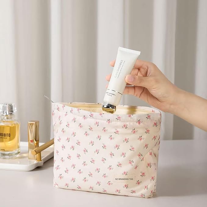 HAPPYHEIDI Makeup Bag Set of 2, Cute Accessory Pouch, Cotton, Floral, Zipper Closure, Large 10.2x7.8x2 Inches, Lightweight