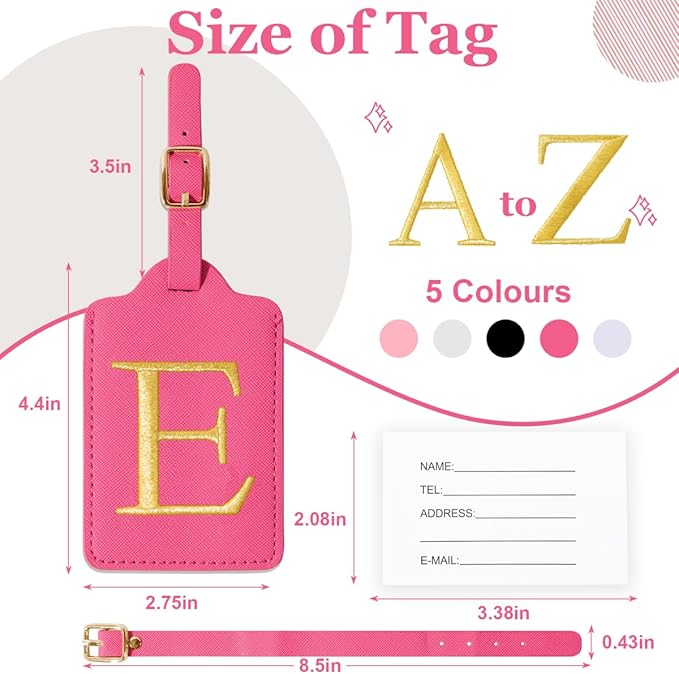 Personalized Initial Luggage Tags for Suitcases,Leather Letter Cute Luggage Tags with Privacy Name Card,Embroidered Monogrammed Travel Bag Backpack Tag Gifts for Women Kids Girls Teens(Rosered-E)