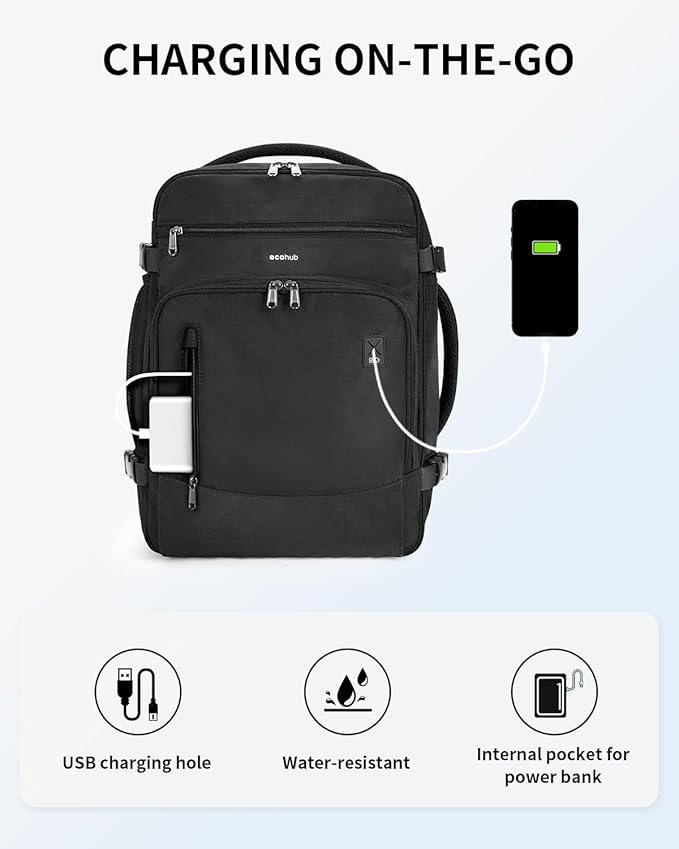 ECOHUB Travel Backpack for Men, 18x14x8 Spirit Airlines Personal Item Bag with Clear Toiletry Bag, Laptop Carry on Backpack with USB Port, Airline Approved Under Seat 14 Pockets 30L, Black