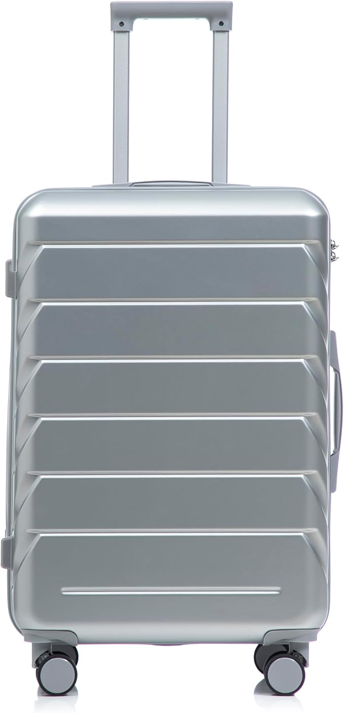 28 Inch Checked-Large Luggage, Lightweight ABS Hard Shell Suitcase with Spinner Wheels, Expandable Travel Luggage with Combination Lock & Side Hooks for Men Women (Silver, 28)