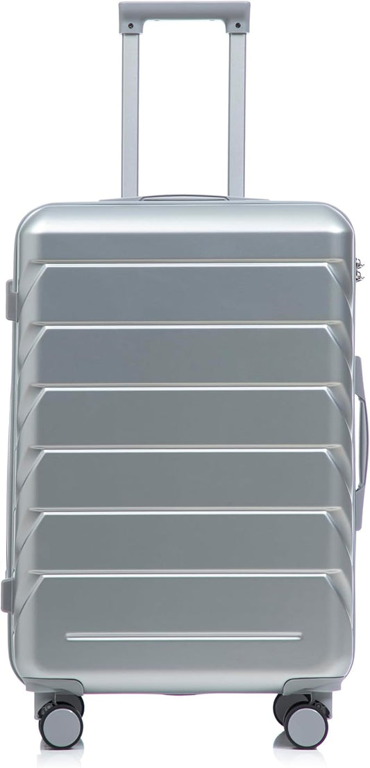 28 Inch Checked-Large Luggage, Lightweight ABS Hard Shell Suitcase with Spinner Wheels, Expandable Travel Luggage with Combination Lock & Side Hooks for Men Women (Silver, 28)