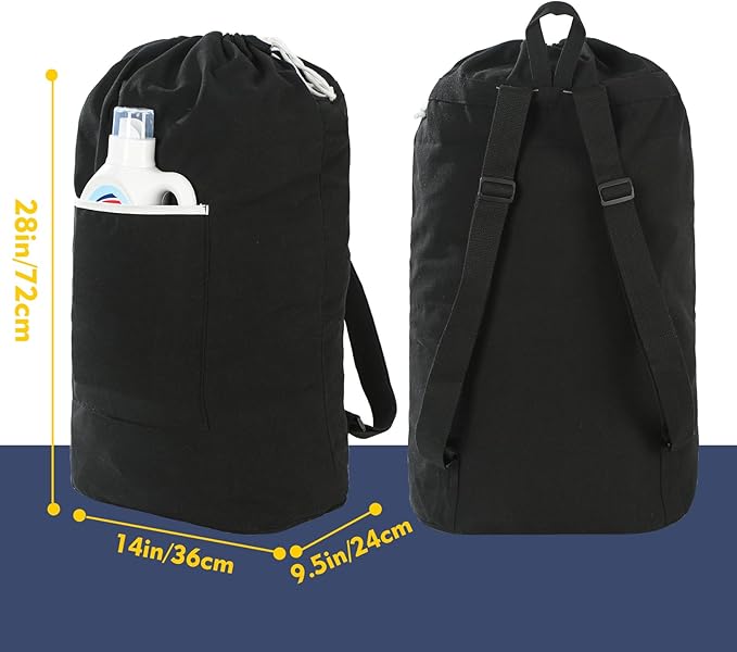 Canvas Laundry bag, Washable Laundry backpack, Adjustable Straps, Large Front Pocket, Drawstring Closure (BLACK, X-Large)