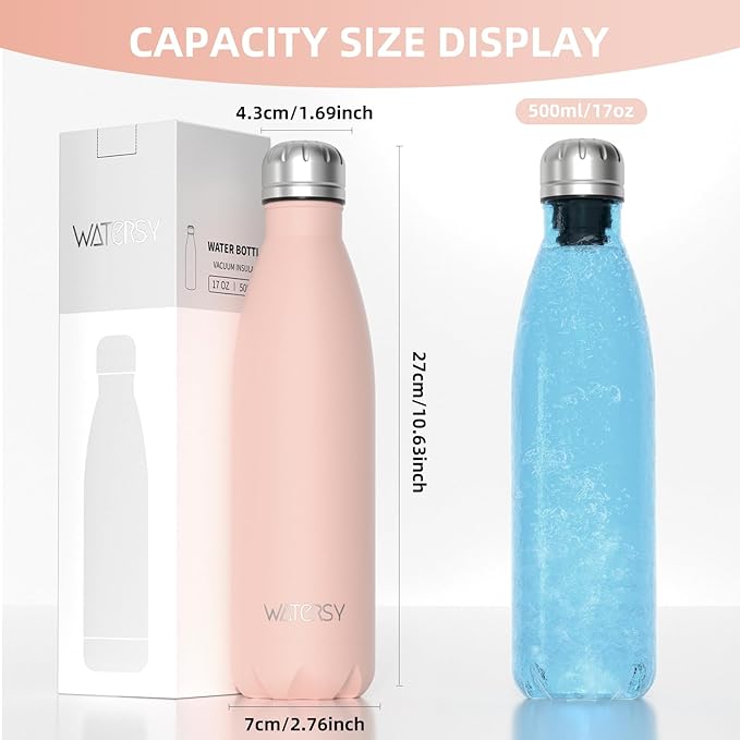 WATERSY Stainless Steel water bottles,17oz/500ml Insulated Water Bottles,Pink metal water bottle Keeps Drink Cold and Hot,BPA Free kids water bottles for School,Gym,Travel,Sports