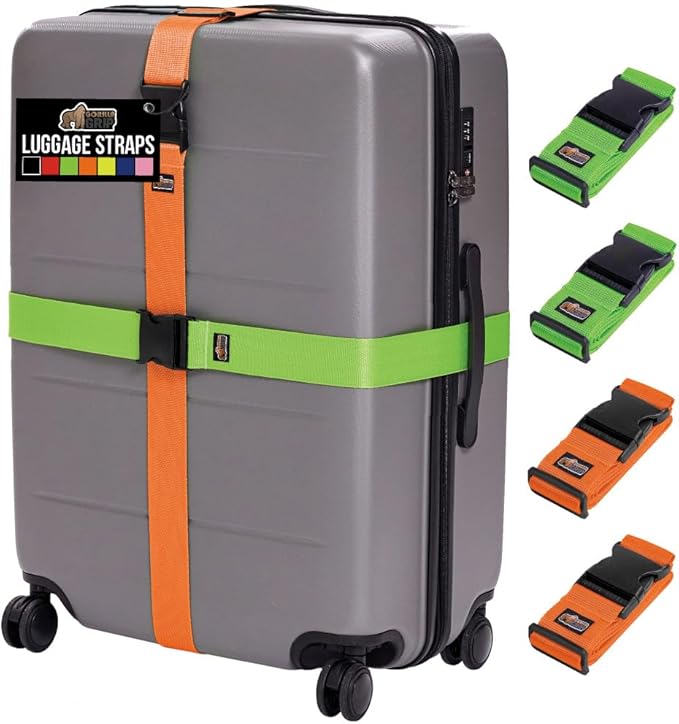 GORILLA GRIP Heavy Duty 4 Pack Adjustable Luggage Straps for Suitcases, Easy to Identify Travel Belt Connector Holds Suitcase Together, Extends Life of Bag, Strap Connects Two Bags, Green and Orange