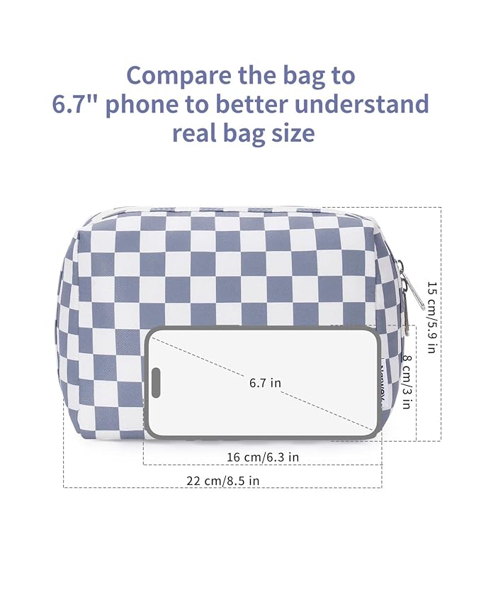Narwey Checkered Makeup Bag Travel Cosmetic Bag Organizer Toiletry Bag Make Up Bags with Compartments for Women Girls (Large, Grayish Blue Checkerboard)