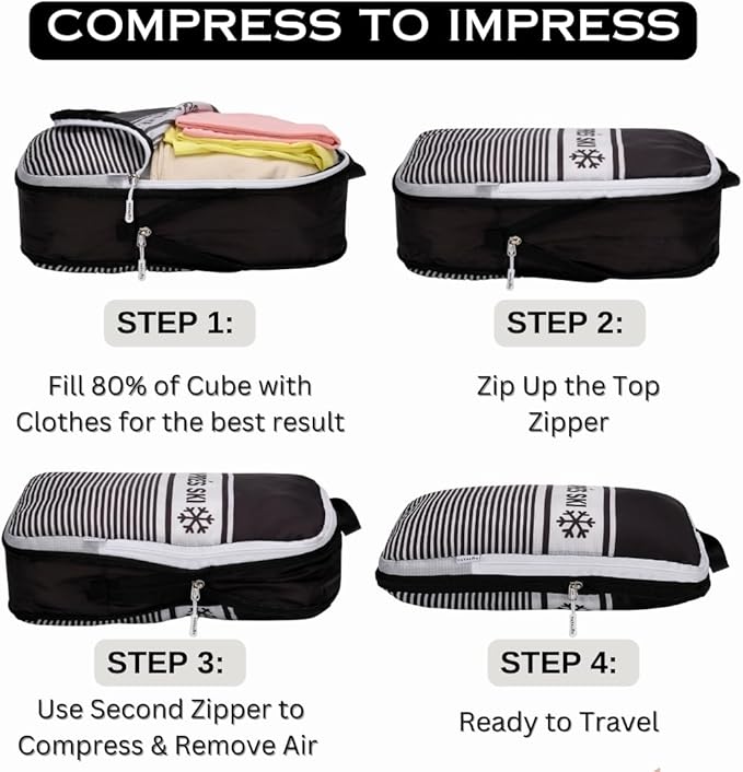 Apres Ski Compression Packing Cubes for Travel 6PC Set, Suitcase Organizer & Space Saver Bags for Luggage with Drawstring Backpack, Apres Ski Bags
