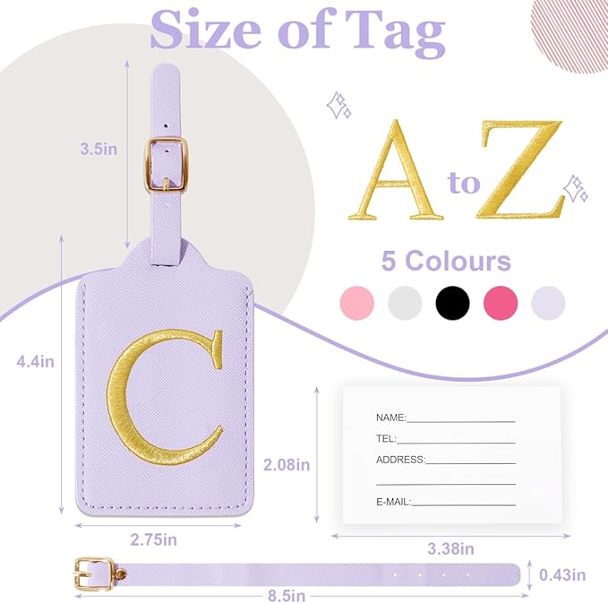 Personalized Initial Luggage Tags for Suitcases,Leather Letter Cute Luggage Tags with Privacy Name Card,Embroidered Monogrammed Travel Bag Backpack Tag Gifts for Women Kids Girls Teens(Purple-C)