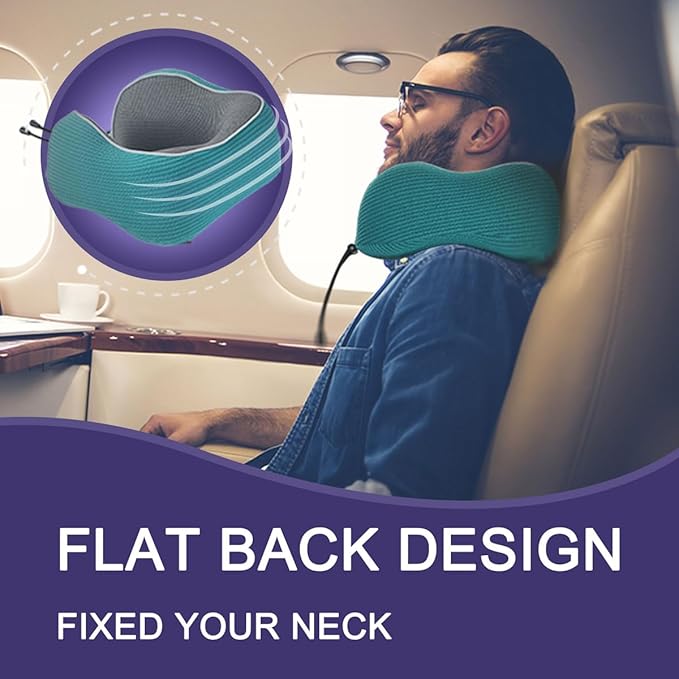 napfun Neck Pillow for Travel with Travel Pouch, Sleep Mask & Earplugs, Memory Foam Airplane Pillow for Headrest Sleep with Eyeshades, Plane Essentials with Eye Blindfold, Teal Striped Kit