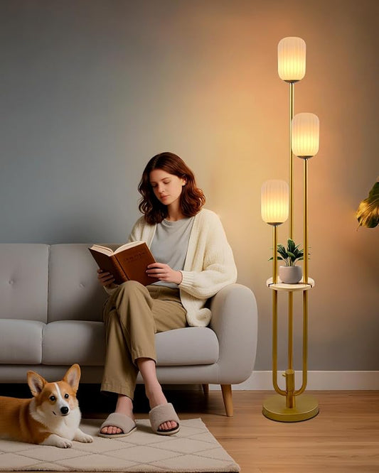 Lightdot Gold Dimmable Floor Lamp with Shelf Modern Floor Lamps with Oval Striped Lampshade 3000K Bulb Included 3-Lights Candle Holder Style Tall Lamp for Living Room/Bedroom/Sofa Beside/Corner Decor