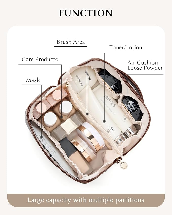 Makeup Bag, Travel Cosmetic Bags toiletry bag for Women, Waterproof PU Leather Make Up Pouch Organizer Travel Essentials Organizer with Divider (Brown)