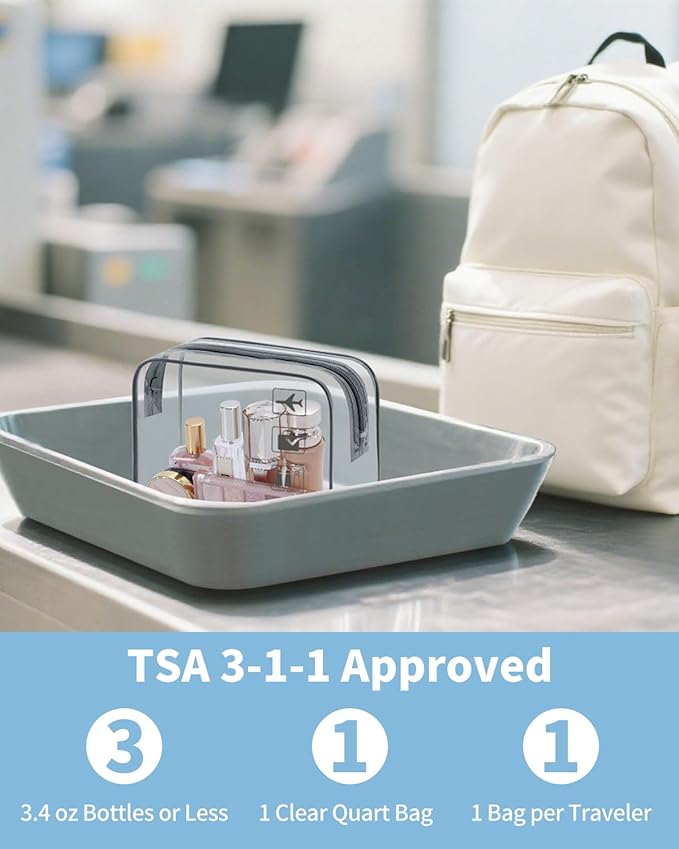 WANDF TSA Approved Toiletry Bag, 2 Packs Travel Clear Toiletry Bag, Quart Size Makeup Cosmetic Pouch with Zipper, Carry-On Airport Compliant Bag for Women and Men (2pcs Grey)