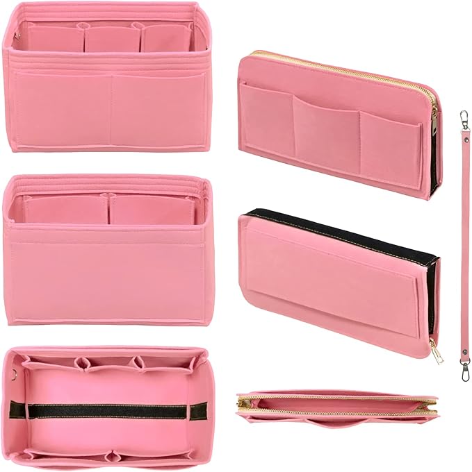 DailyPlus Purse Organizer Insert with Zipper Felt Bag Organizer Handbag Organizer Insert Bag in Bag Organizer with Key Chain for Tote Purse Bag Pink Large
