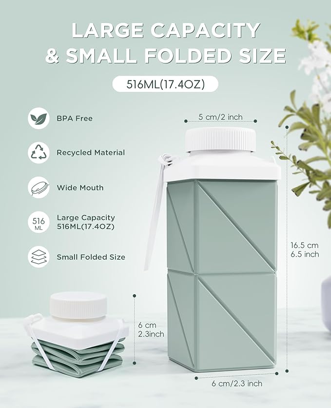 Collapsible Water Bottles 17.4oz(516ML), 2nd Generation Leakproof BPA-Free Travel Water Bottle,Lightweight Reusable Water bottle, Portable for Travel Cycling Gym Camping,Sage Green, 1 Pack