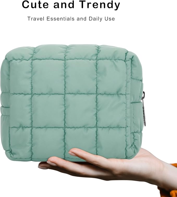E-Tree Cute Makeup Bag,Quilted Cosmetic Bag,Make up Pouch for Purse,Toiletry Zipper Pouch,Checkered Bag,Travel Case,Storage Pouches for Organization (Green)