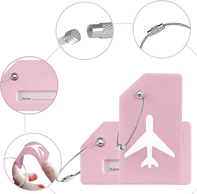 8 Pcs Luggage Tags for Suitcases, 26 Initial Letter Travel Luggage Baggage Identification Labels ID Tags Fully Bendable Tags with Stainless Steel Loop (Plane, Pink)