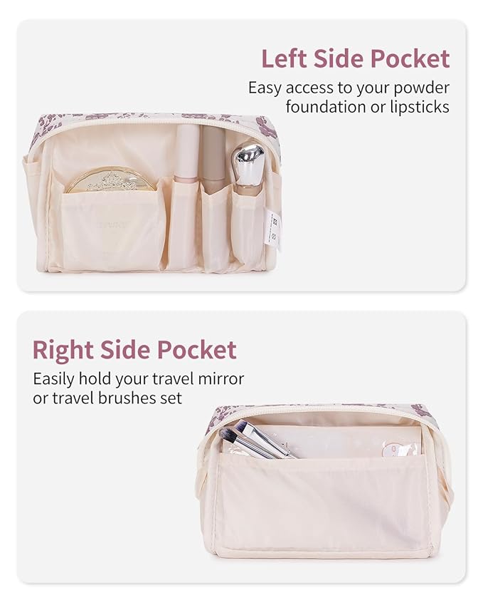 Narwey Small Cute Floral Makeup Bag for Purse Mini Cosmetic Bag Travel Makeup Pouch Zipper Pouch Cute Make up Bags with Compartments for Women Girls (Dusty Pink Flower, Small)