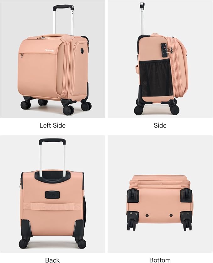 Hanke 16 Inch Underseat Carry On Luggage with Wheels Small Suitcase Softside Luggage Bags for Travel Lightweight Suitcases with Wheels Travel Luggage Personal Item for Men and Women(Pink)