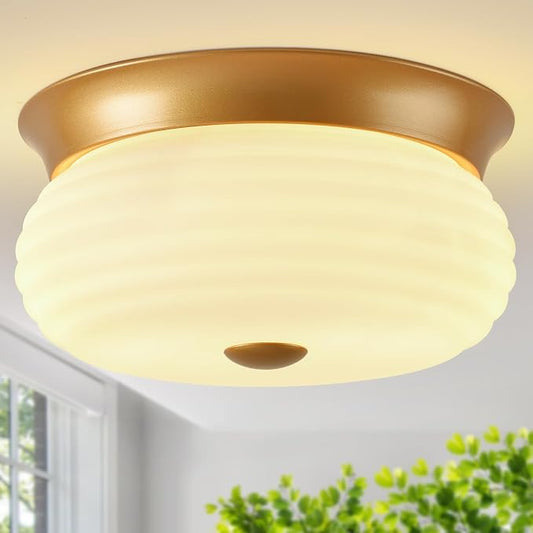 Gold Flush Mount Ceiling Light Fixtures, 2-Light Ceiling Mount for Modern with Clear Milk Glass Shade, Industrial Flush Mount Light Fixture Farmhouse for Hallway Kitchen Bedroom Entryway Foyer