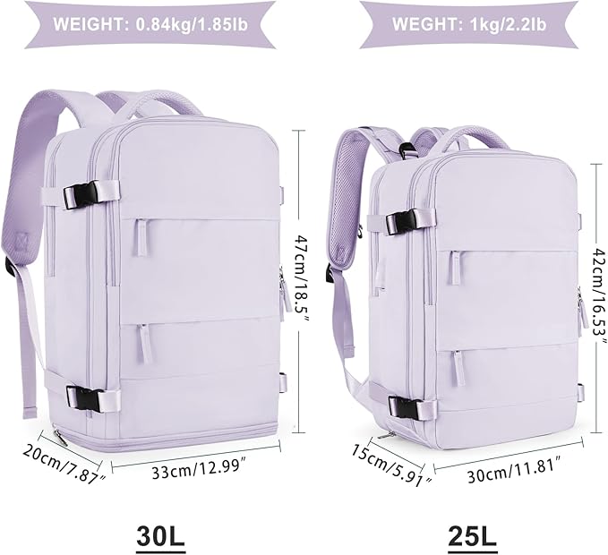 coowoz Large Travel Backpack For Women Men,Carry On Flight Approved,Hiking Waterproof Outdoor Sports Rucksack Casual Daypack Fit 15.6 Inch Laptop Shoes Compartment (Purple)
