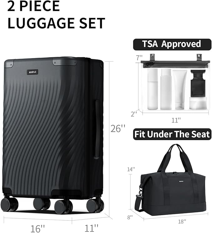 ECOHUB Hardside Expandable Carry On Luggage, Recycled PC 24" Rolling Luggage 26x16x11 Airline Approved with Spinner Wheels & TSA Lock, Lightweight Hardshell Travel Suitcase, 24inch Carry-on Black