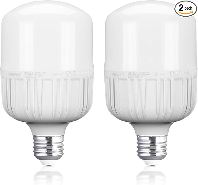 Neewer E26 24W LED Light Bulbs, 2 Packs, 2160 Lumens/5700K/CRI 93+/15000h Lifespan, Bright Video Photography Lighting, Silent/No Flicker/Non Dimmable 200W Incandescent Equivalent