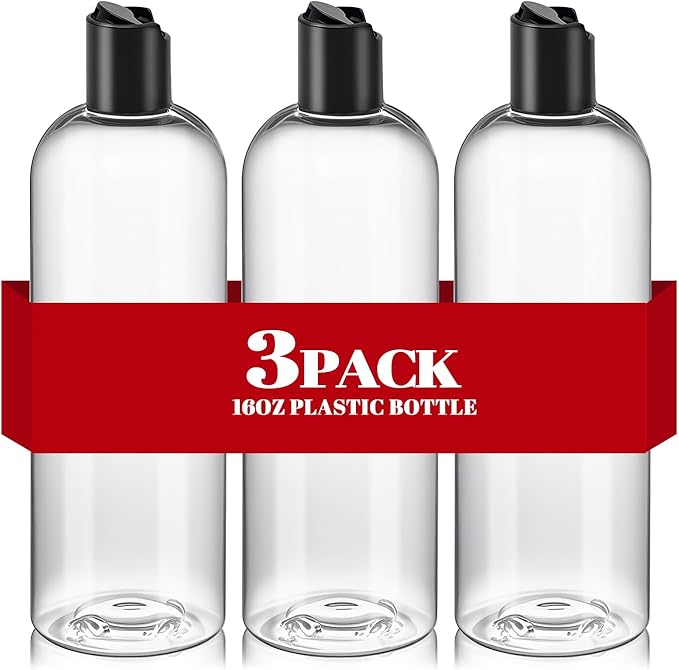 3Pcs 16 oz Clear Plastic Refillable Travel Shampoo and Conditioner Bottles with Black Disc Top Caps，Squeeze Empty Bottles Cosmetic Containers for Lotions, Body Soap Cream