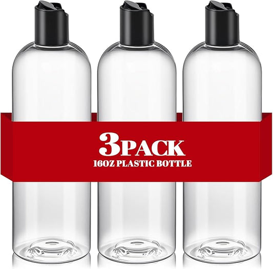 3Pcs 16 oz Clear Plastic Refillable Travel Shampoo and Conditioner Bottles with Black Disc Top Caps，Squeeze Empty Bottles Cosmetic Containers for Lotions, Body Soap Cream