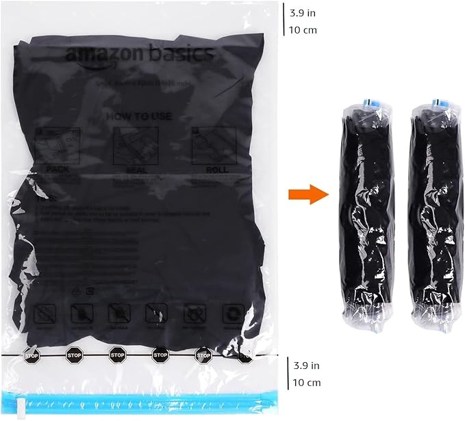 Amazon Basics Roll-Up Travel Compression Storage Bags for Clothes and Towels, No Vacuum Needed, Clear, 12 Pack (6 Small & 6 Medium)