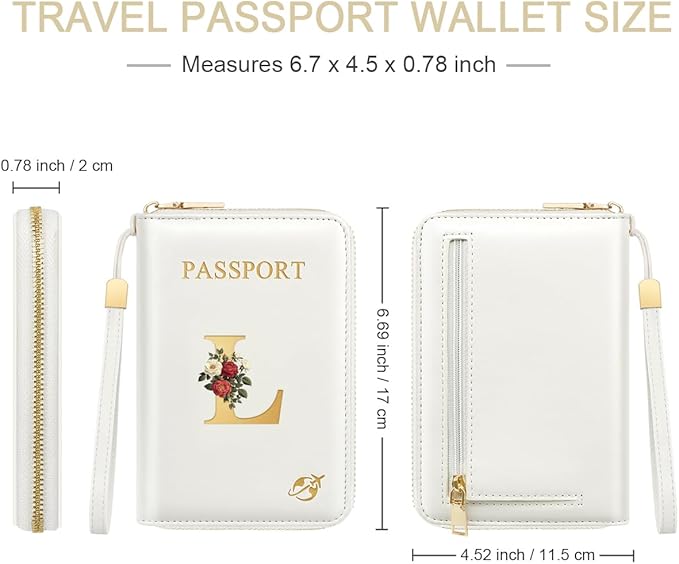 Passport Holder for Travel Personalized Passport Holder Initial Letter Rose Flower RFID Blocking Travel Wallets Credit Cards Holder for Women Men, White L