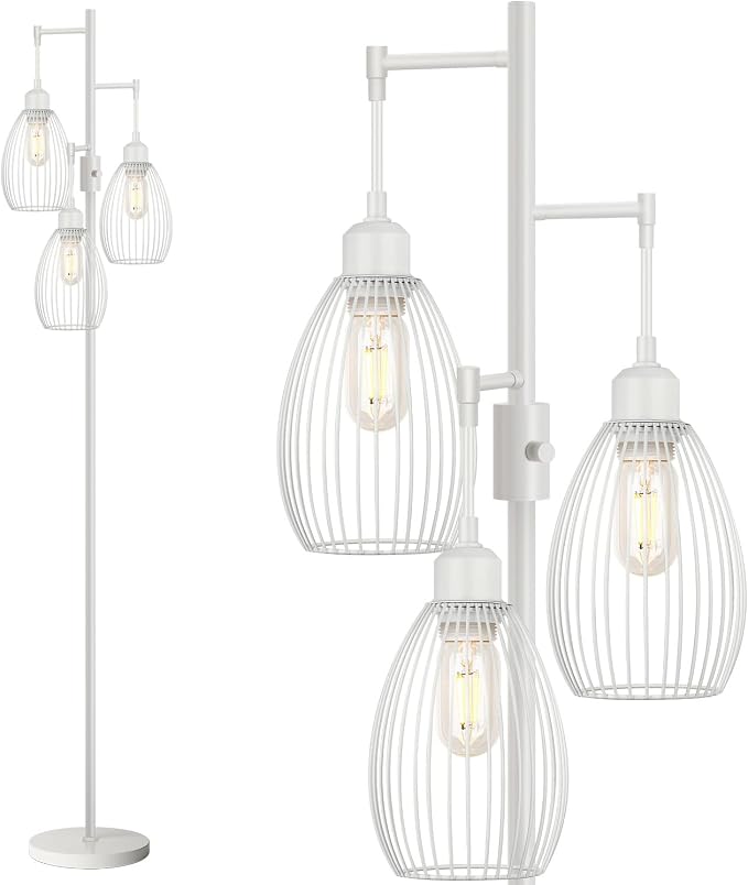 Dimmable Floor Lamp, 3 x 800LM LED Edison Bulbs Included, Farmhouse Industrial Floor Lamp Standing Lamp with Elegant Teardrop Cage Head Tall Lamp for Living Room Bedroom Office Dining Room - White