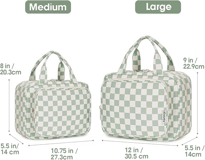 Narwey Travel Toiletry Bag for Women Large Capacity, Hanging Makeup Bag Organizer Toiletries Bag for Full Size Essentials, Accessories, Brushes, Cosmetics (Mint Green Checkerboard (Large))