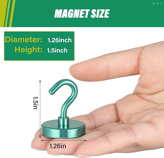 Neosmuk Magnetic Hooks Heavy Duty,Strong Magnet with Hook for Fridge, Super Neodymium Extra Strength Industrial Hooks for Hanging, Magnetic Hanger for Toolbox, Cruise, Grill(Green,6 Pack)
