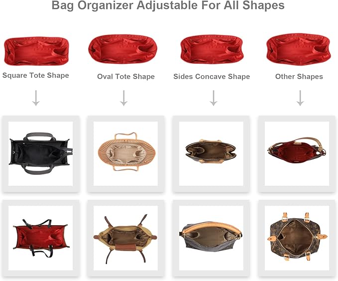 ZTUJO Purse Organizer Insert For Handbags, Silk Purse Organizer with Zipper, Silky Smooth, Bag Organizer For Speedy Neverfull Tote,onthego,Artsy, 6 Sizes(Large, Silky Red)