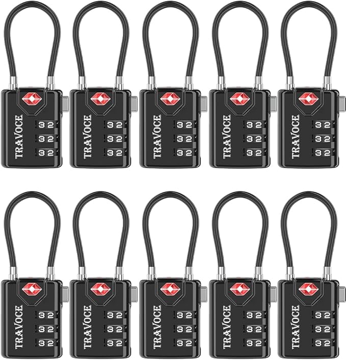 TRAVOCE TSA Approved Luggage Locks - Heavy Duty 3 Digit Combination Cable Lock, Search Alert for Suitcases, Backpacks, Golf Bags, Tents, Violin and Camera Cases, 10 Pack, Black