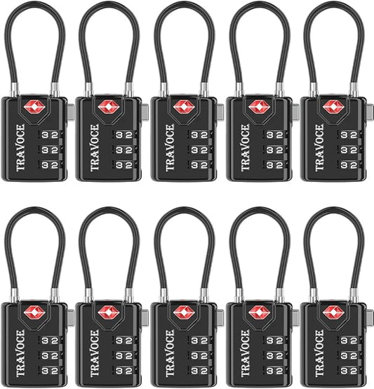 TRAVOCE TSA Approved Luggage Locks - Heavy Duty 3 Digit Combination Cable Lock, Search Alert for Suitcases, Backpacks, Golf Bags, Tents, Violin and Camera Cases, 10 Pack, Black