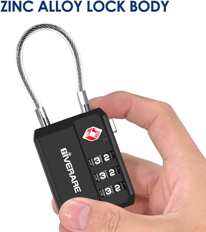 2 Pack TSA Approved Travel Luggage Locks, Cable Combination Lock 3-Digit, Keyless Suitcase Padlocks, Weatherproof Padlock for Locker, Golf Bag, Gun Case, Backpack, Anti Theft, Easy Read Dials-Black