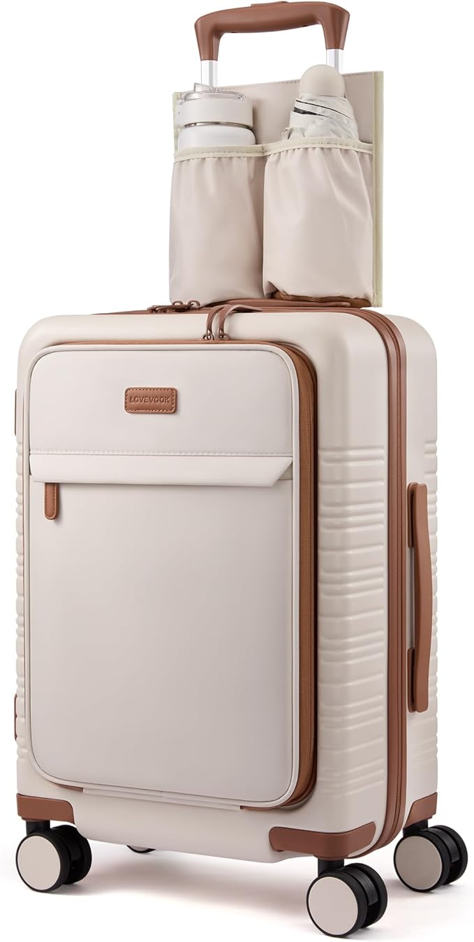 LOVEVOOK Carry On Luggage 22x14x9 Airline Approved with Detachable Pouch, 21 Inch Hardside Suitcases with Spinner Wheels, Lightweight Carry-on Luggage with TSA Lock for Women Men, 2PCS, Beige