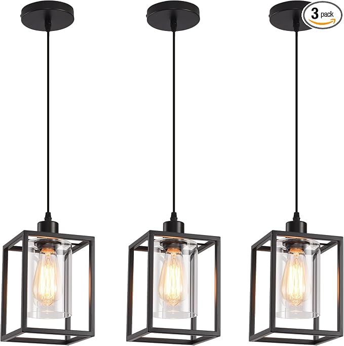 3 Pack Black Pendant Lights for Kitchen Island Industrial Lantern Pendant Light Fixtures with Clear Glass Shade, Farmhouse Adjustable Height Hanging Pendant Lighting for Dining Room