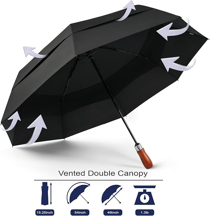 Lejorain Large Folding Golf Umbrella - Compact Mens Umbrellas Travel Rain and Windproof 54inch Collapsible Automatic Open Close Umbrella 210T Teflon Vented Double Canopy