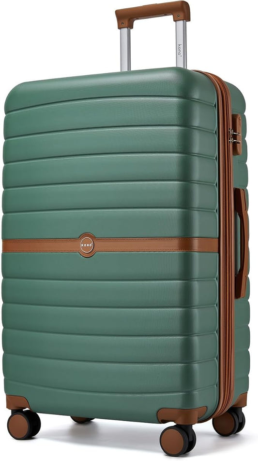 Kono Expandable 28 Inch Luggage with Spinner Wheels, Large Checked Luggage with Lock, Lightweight & Anti-Scratch PC+ABS Hardshell Travel Suitcase, Green/Brown