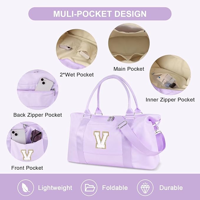 Dance Gym Duffel Bag for Teen Girls, Personalized Initial Travel Weekender Bag,Cute Overnight Carry On Duffle for Women,Sports Travel Cheer Bag,Monogram Christmas Gifts for Tween Preppy(purple-V)
