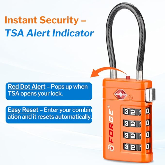 Forge TSA Approved Luggage Locks 4 Digit Combination TSA Travel Locks with TSA008, Open Alert Indicator, Zinc Alloy Body for Luggage, Suitcase, Backpack, and More. Orange 2 Locks.