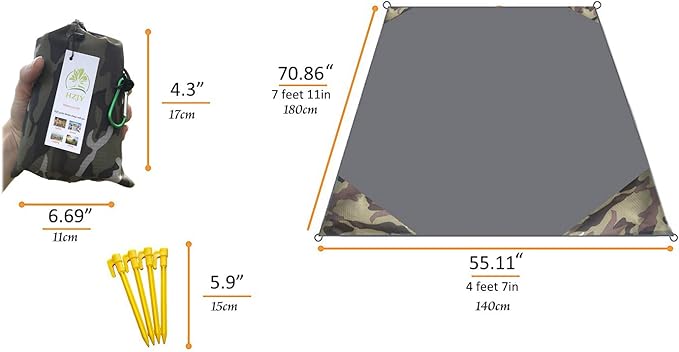 Pocket Blanket 71"x55", Lightweight Compact Sandproof Waterproof Outdoor Blanket for Beach, Hiking, Camping, Travel, Festivals, Picnic with Pockets, Loops, Stakes, Carabiner